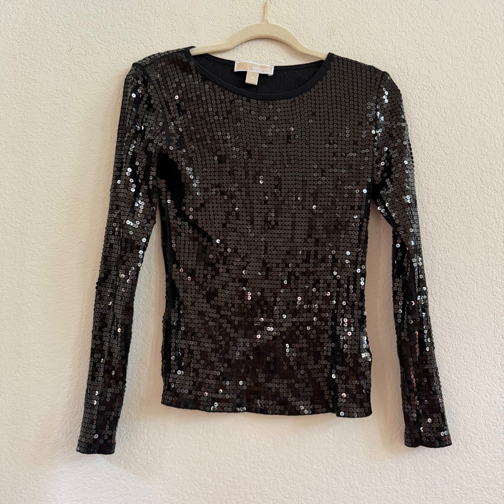 Michael Michael Kors Womens XS Black Sequin‎ Long Sleeve Crew Neck Top Sparkle - Picture 2 of 10